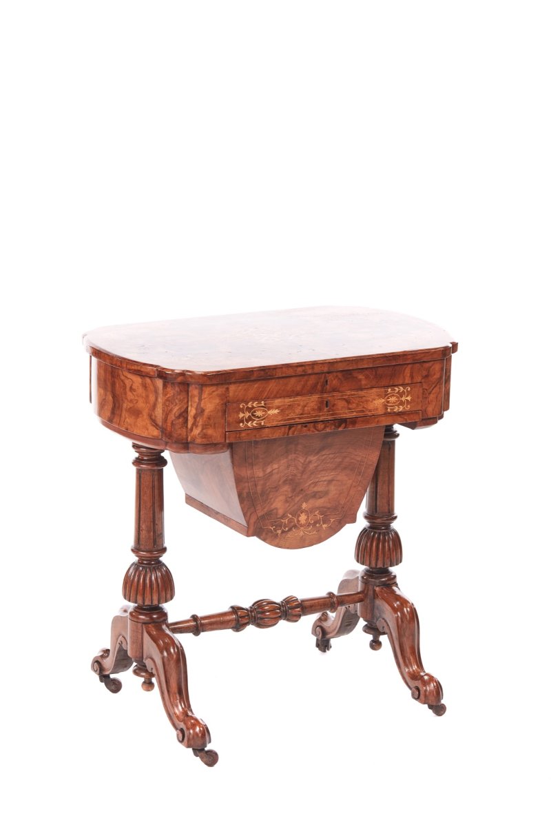 Outstanding Early Victorian 19th Century Inlaid Burr Walnut Writing or Sewing Table